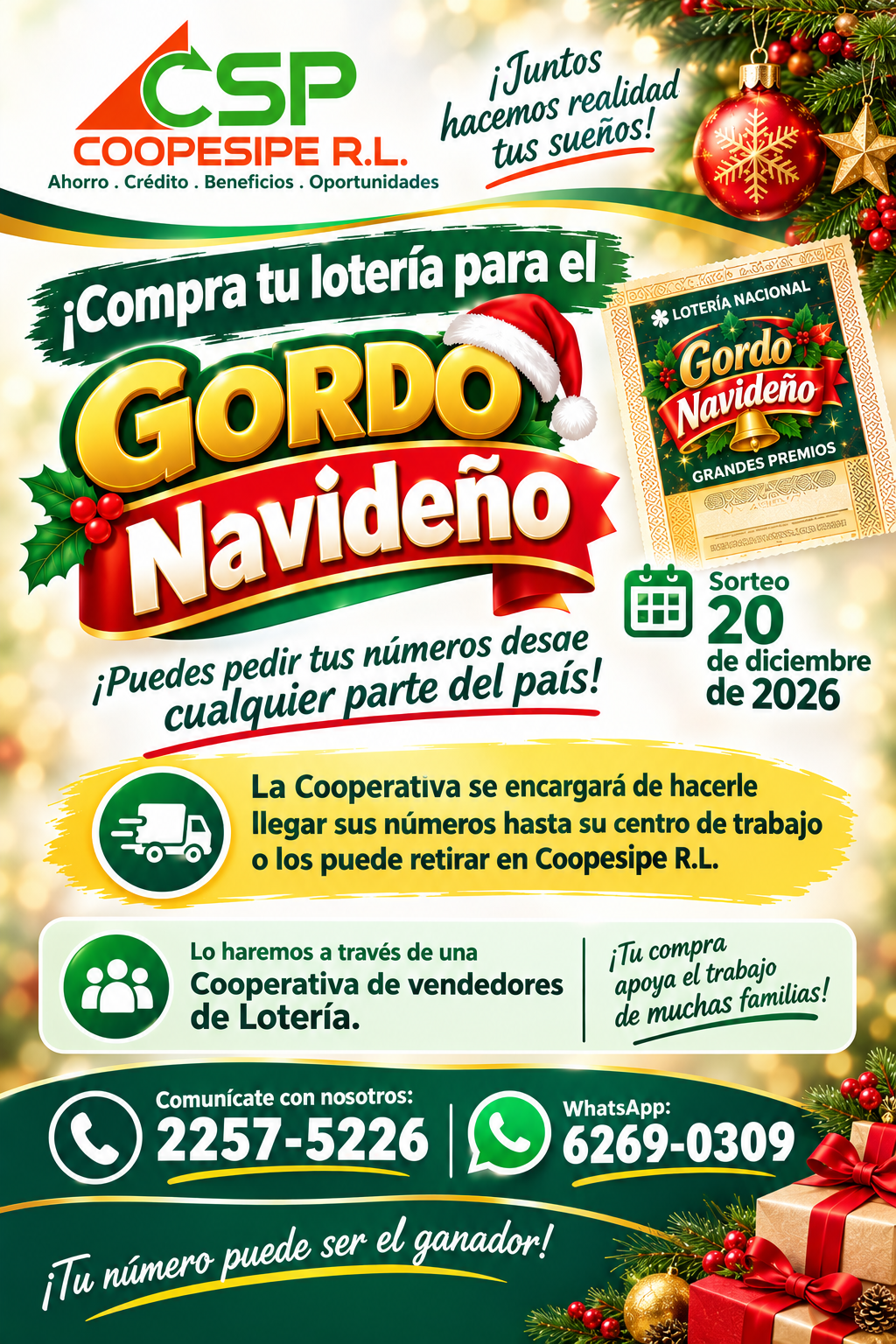 Afiche navideño de lotería cooperativa